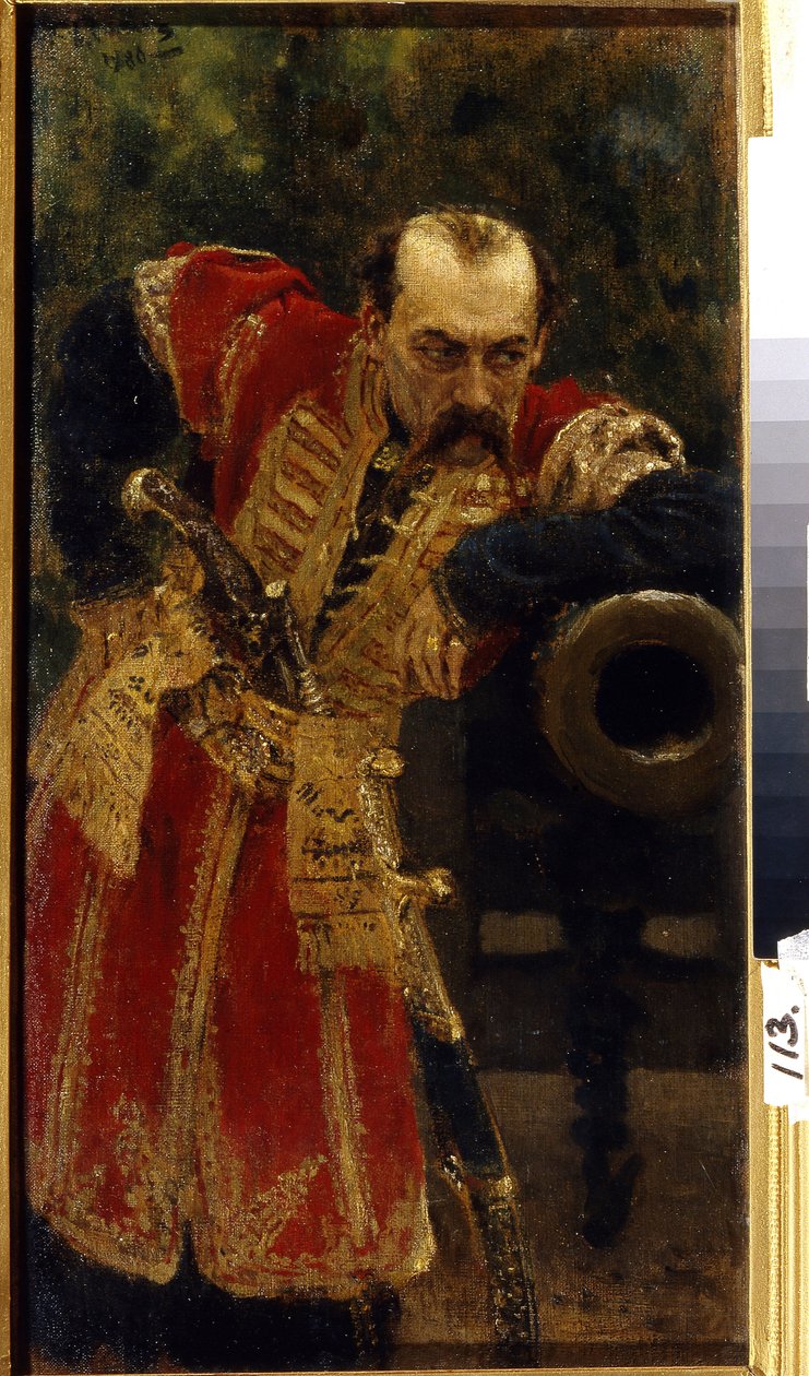 Zaporozhiansk kosakk-oberst. (Oberst av Zaporizhian Host). I uniform glir en lang rifle inn i beltet hans, han lener seg på munningen av en løp, med et blikk av observasjon og trass. Maleri av Ilya Yefimovich Repin (Ilia Repin) (1844-1930), av Ilya Efimovich Repin