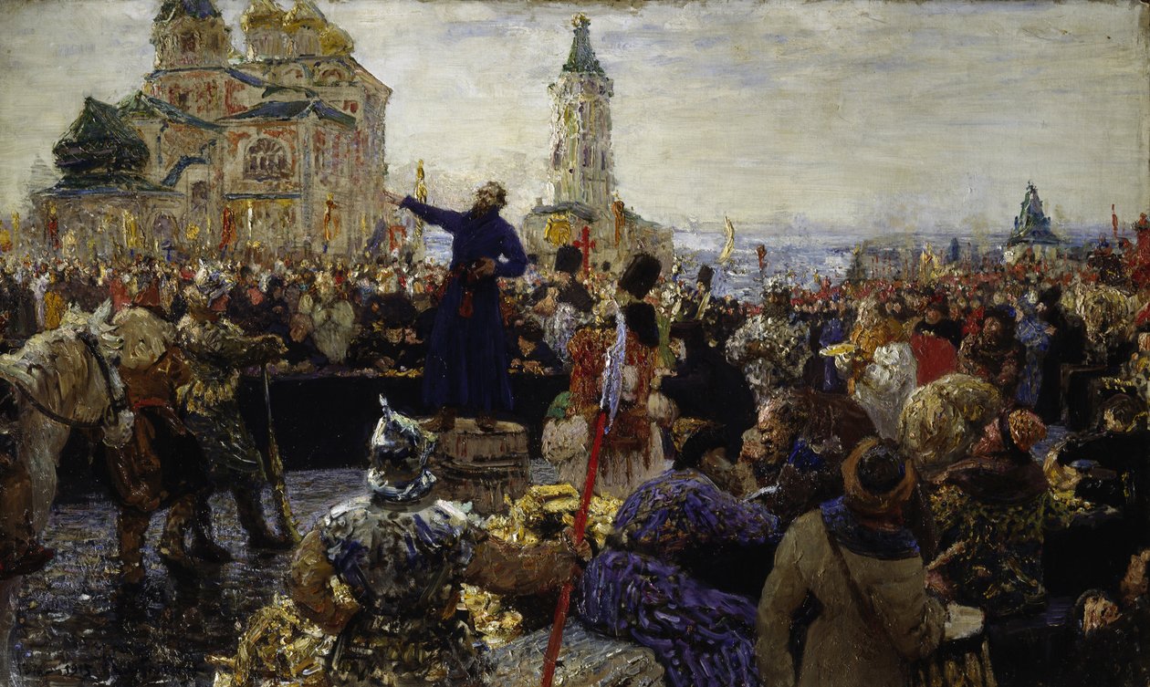 Kouzma (Kuzma) Minin (død 1616) kaller folket i Nizhny Novgorod i 1611 (Han reiste folket i Moskva mot polakkene) (Minin appellerer til folket i Nizhny Novgorod i 1611) - Maleri av Ilya Yefimovich Repin (184304-19304) ), olje på lerret av Ilya Efimovich Repin