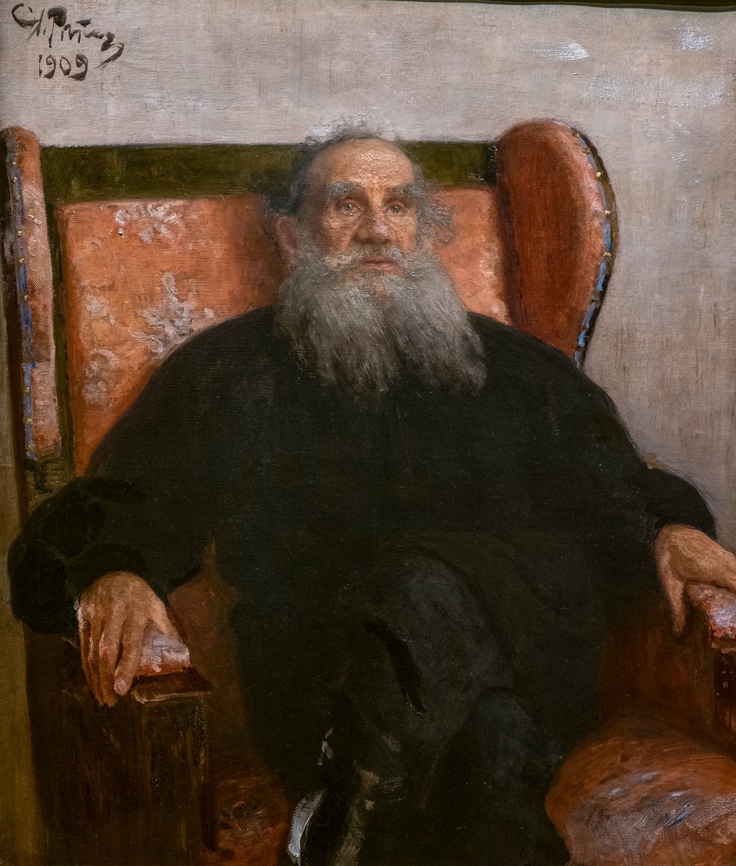 LEON TOLSTOI I EN ROSA LENESTOL av Ilya Efimovich Repin