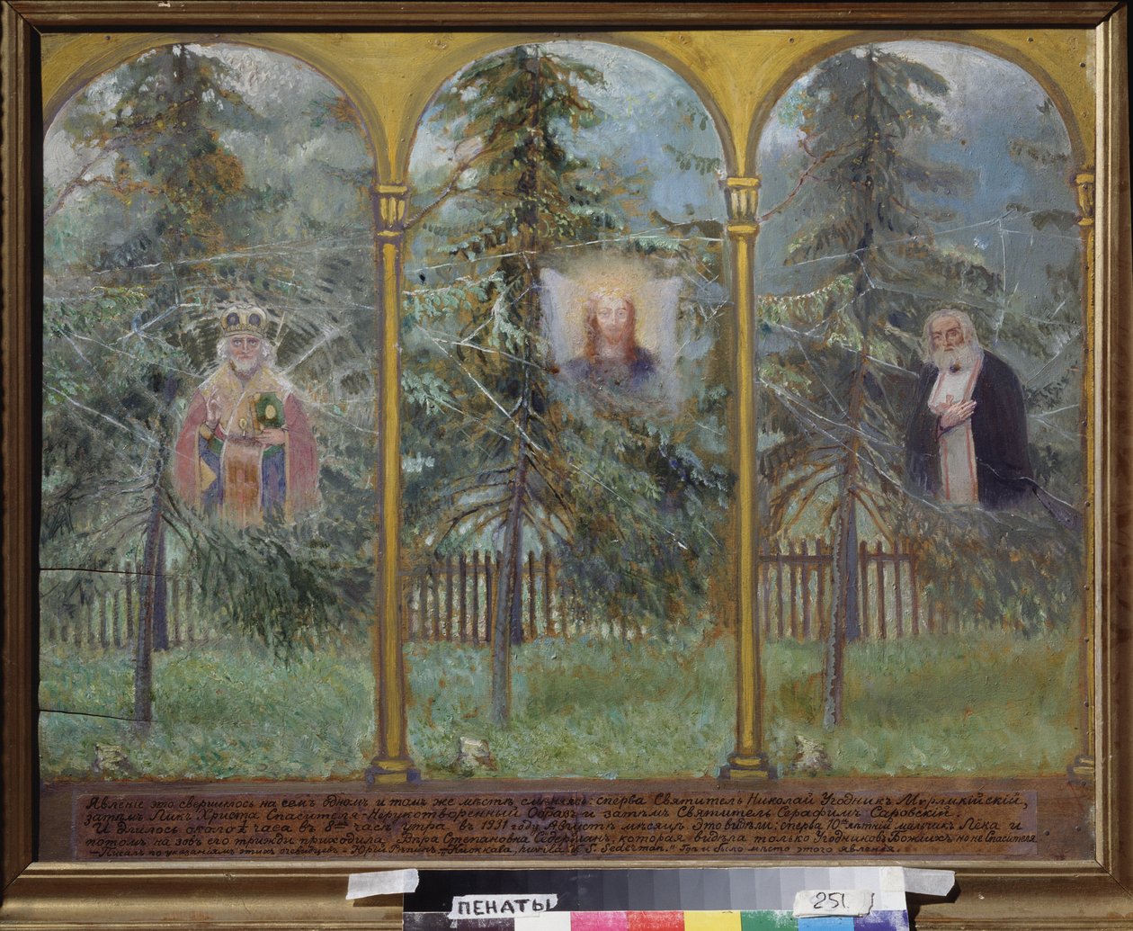 Utseendet til ikoner. Maleri av Yuri Ilyich Repin (1877-1954), olje på tre av Ilya Efimovich Repin