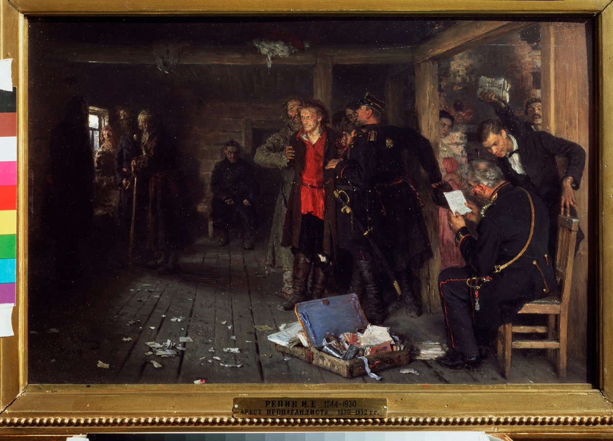 Arrestasjonen av propagandisten. Maleri av Ilya Repin (Ilia Repin) (1844-1930), olje på tre av Ilya Efimovich Repin