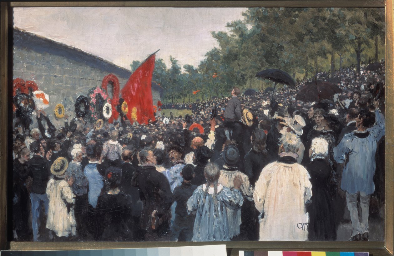 Den årlige samlingen på Pere Lachaise-kirkegården i Paris. (Foran den fødererte muren, foran hvilken kommunens krigere ble skutt i 1871, som siden har blitt symbolet på kampen for frihet og revolusjonære idealer). Malt av Ilya Efimovich Repin