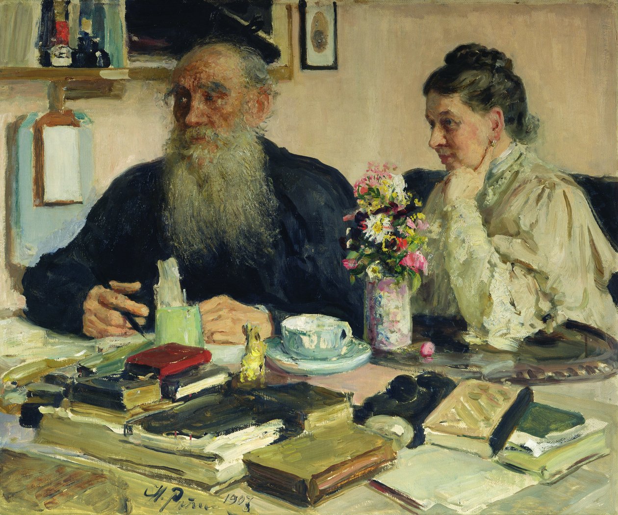 Leo Tolstoy med sin kone i Yasnaya Polyana, 1907 av Ilya Efimovich Repin