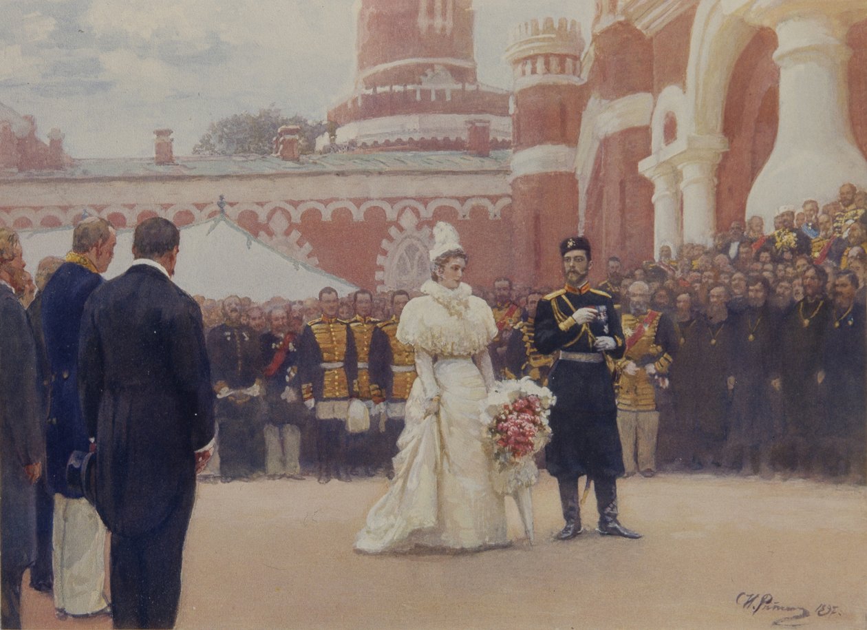 Nicholas II tok imot eldste i landdistriktet 18. mai 1896 i gården til Petrovsky-palasset i Moskva, 1897 av Ilya Efimovich Repin