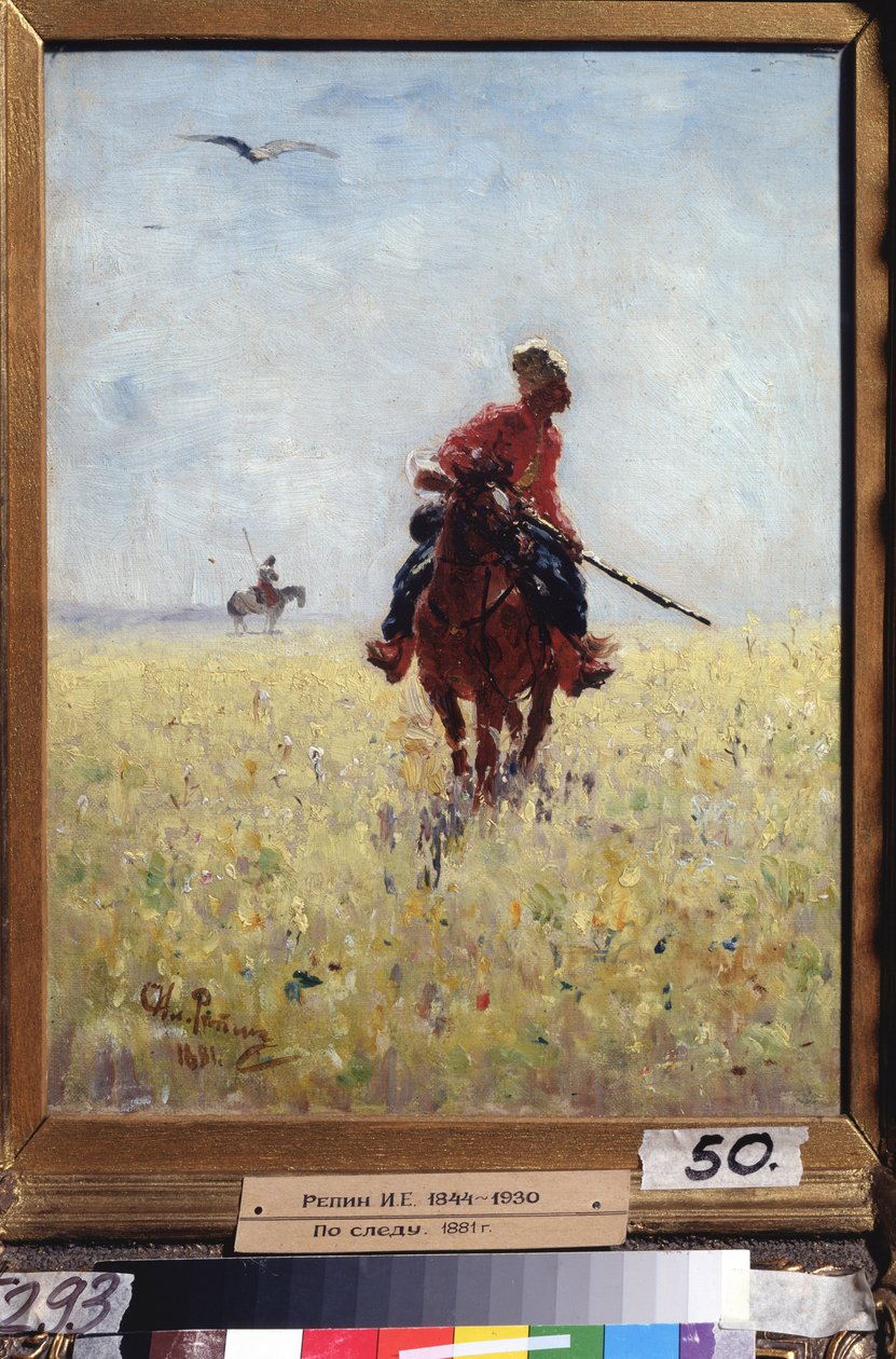 Anerkjennelseskurs. (Zaporogue Cossack rytter under observasjon i en blomstrende slette). Maleri av Ilya Yefimovich Repin (Ilia Repin) (1844-1930), olje på lerret av Ilya Efimovich Repin