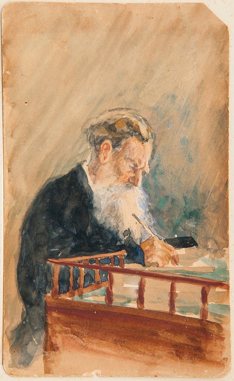 Portrett av forfatteren Leo N Tolstoy (Portrett av forfatteren Leo N Tolstoy) - Verk av Ilya Yefimovich Repin (Ilia Repin) (1844-1930), akvarell på papir (16x10 cm), ca. 1900, russisk kunst , 1900-tallet - Privat samling av Ilya Efimovich Repin