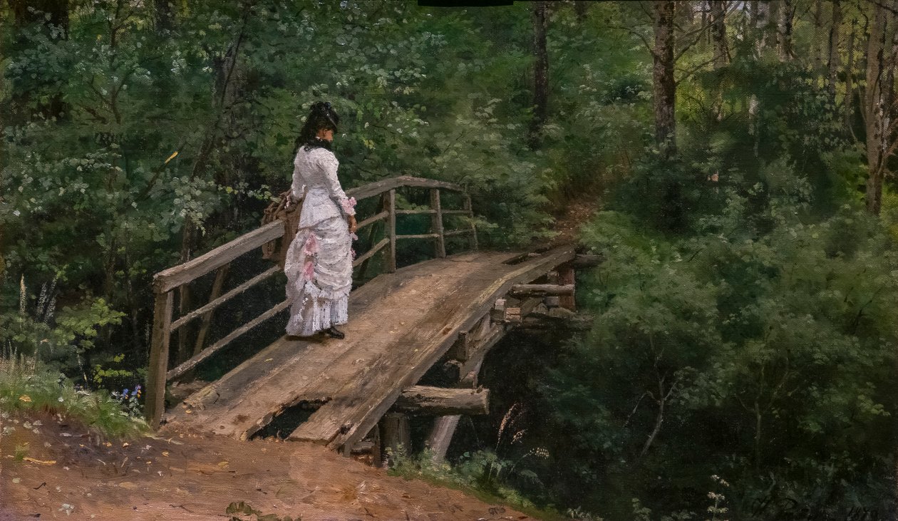 SOMMERLANDSKAP. VERA REPINE PÅ EN LITEN BRO I ABRAMTSEVO av Ilya Efimovich Repin