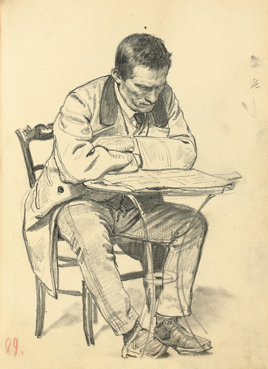 Studie for "A Parisian Cafe": Mann som sitter ved et kafébord, leser en avis, ca. 1872-1875 av Ilya Efimovich Repin