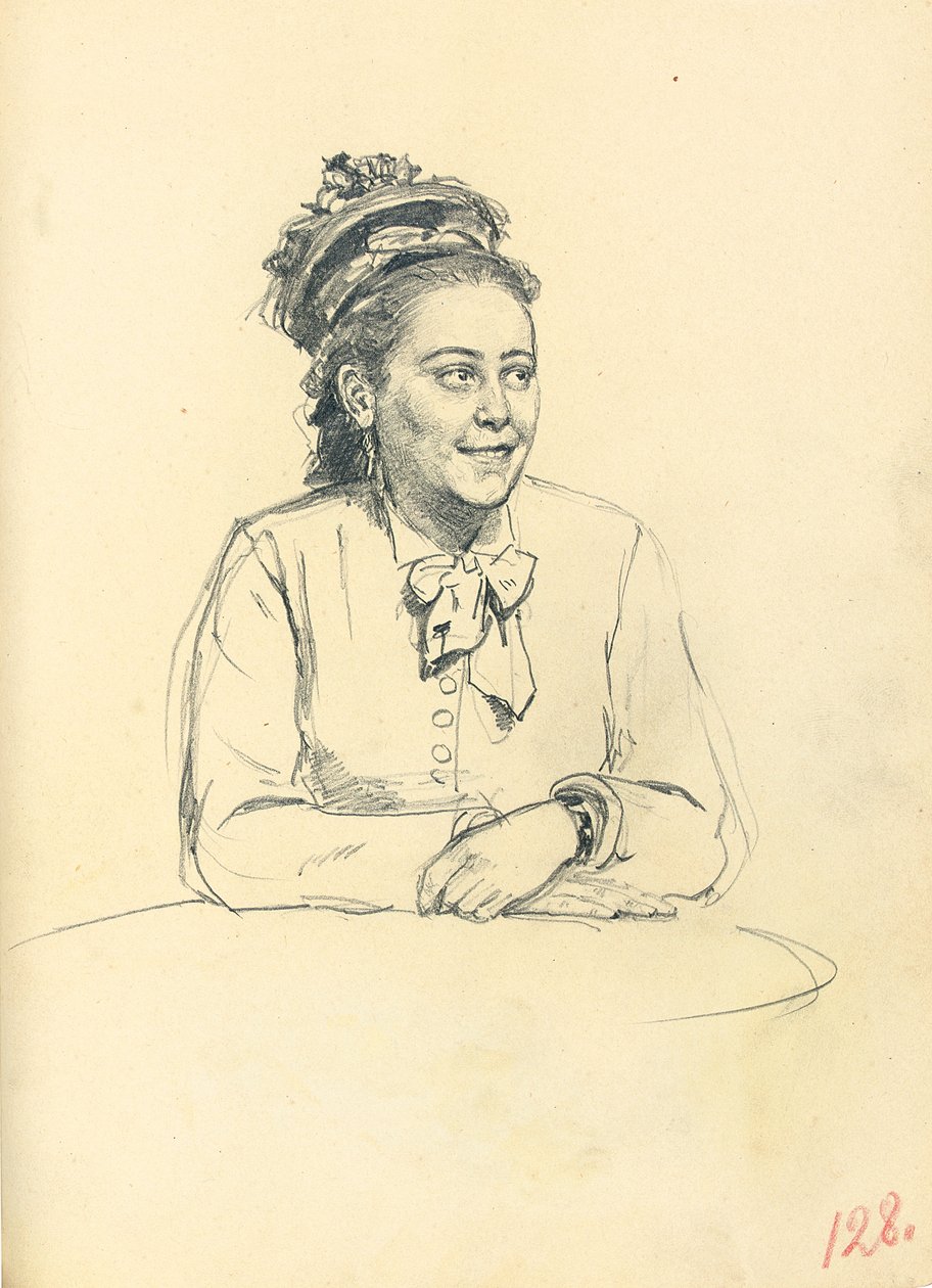 Studie for "A Parisian Cafe": Sittende kvinne med bue og foldede hender, ca. 1872-1875 av Ilya Efimovich Repin