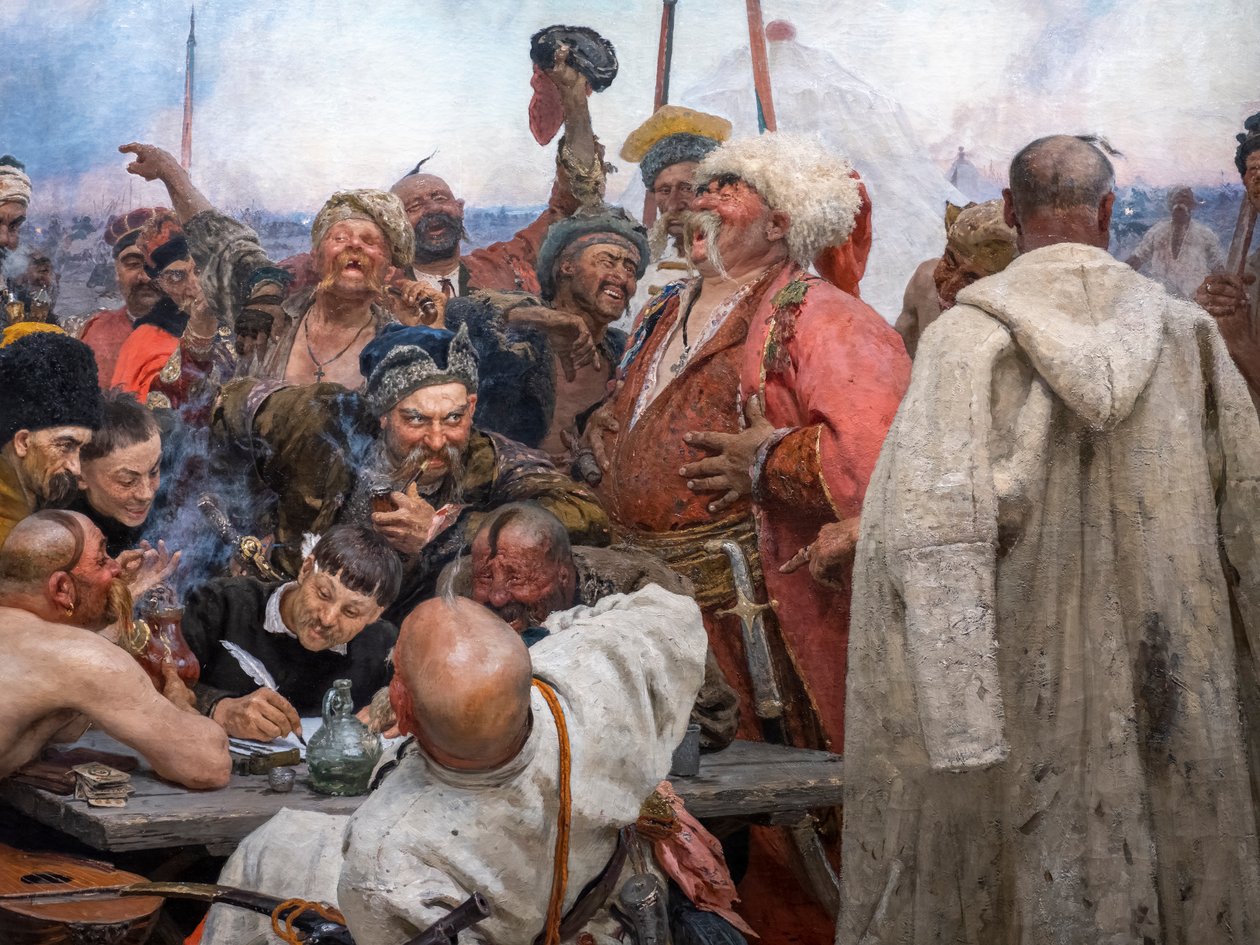 ZAPOROGUES-KOSAKKENE SKRIVER ET BREV TIL SULTANEN AV TYRKIA av Ilya Efimovich Repin