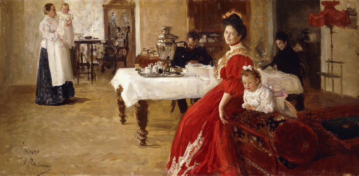 Kunstnerens datter, Tat"iana og hennes familie i et interiør, av Ilya Efimovich Repin