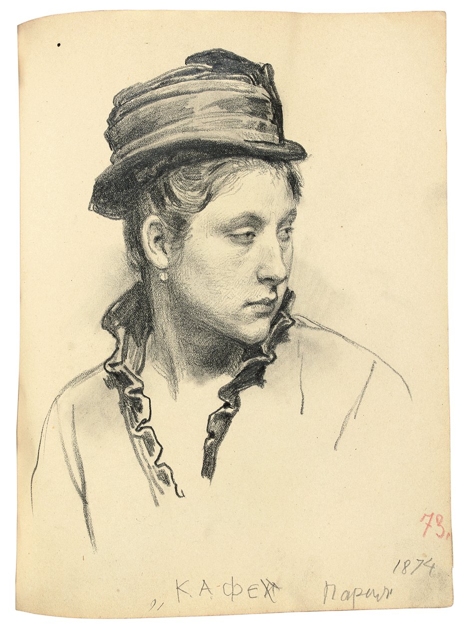 Kvinne med hatt, hodet vendt til siden, 1874 av Ilya Efimovich Repin