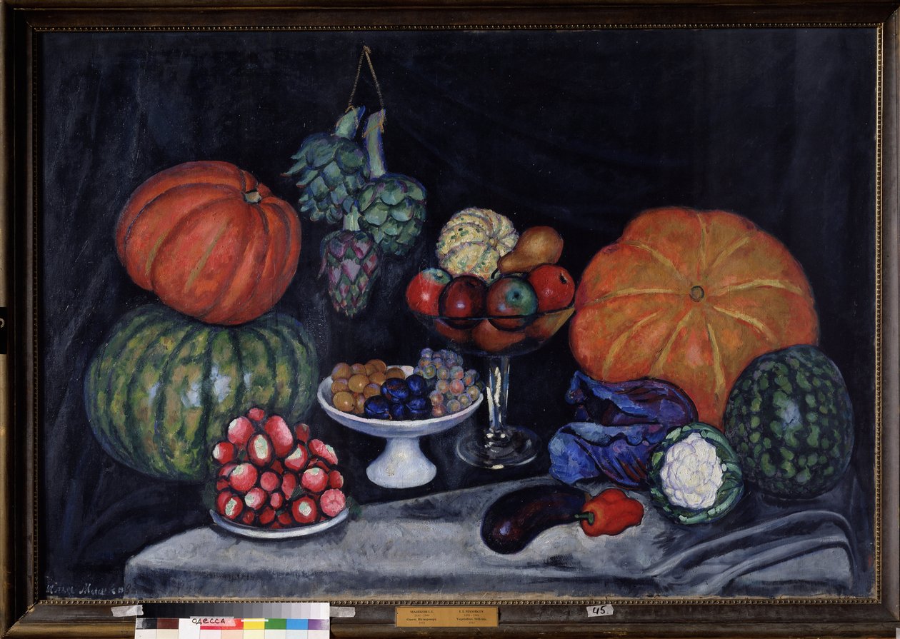 Grønnsaker. Stilleben med gresskar, artisjokker, plommer, druer, epler, pære, aubergine, pepper, kål, blomkål og vannmelon. (Grønnsaker. Stilleben). Maleri av Ilya Ivanovich Mashkov (Ilia Mashkov, Matchkov) (1881-1944), olje på lerret av Ilya Ivanovich Mashkov