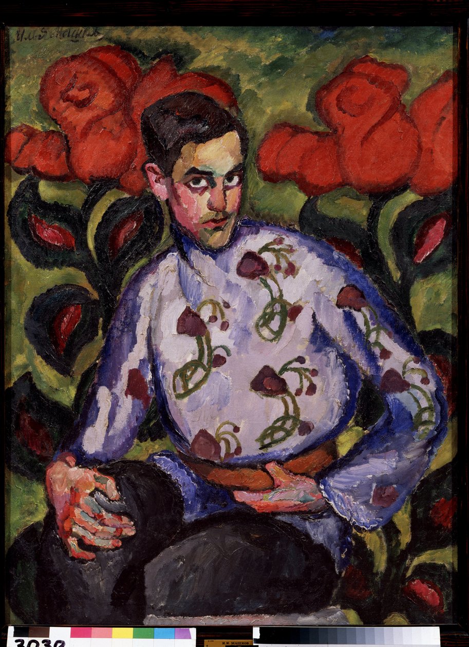 Portrett av en gutt i en skjorte med blomster. Maleri av Ilya Ivanovich Mashkov (Ilia Mashkov, Matchkov) (1881-1944), olje på lerret av Ilya Ivanovich Mashkov