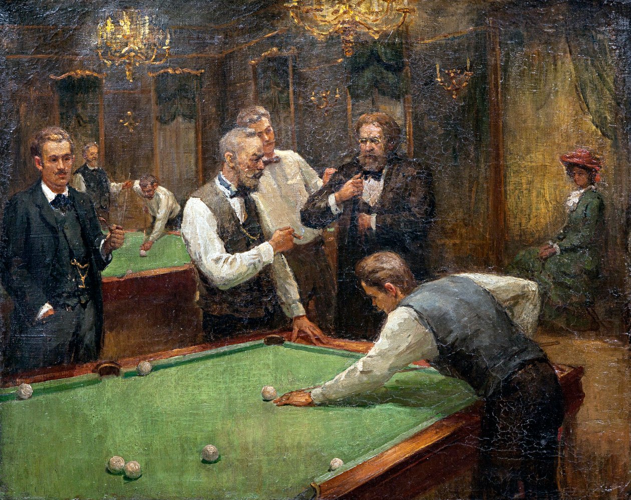 Biljardspillere av Galkin, Ilya Savvich (Ilia Sawic Galkin) (1860-1915), - Olje på lerret, 61x76,5 - Privat samling av Ilya Savich Galkin