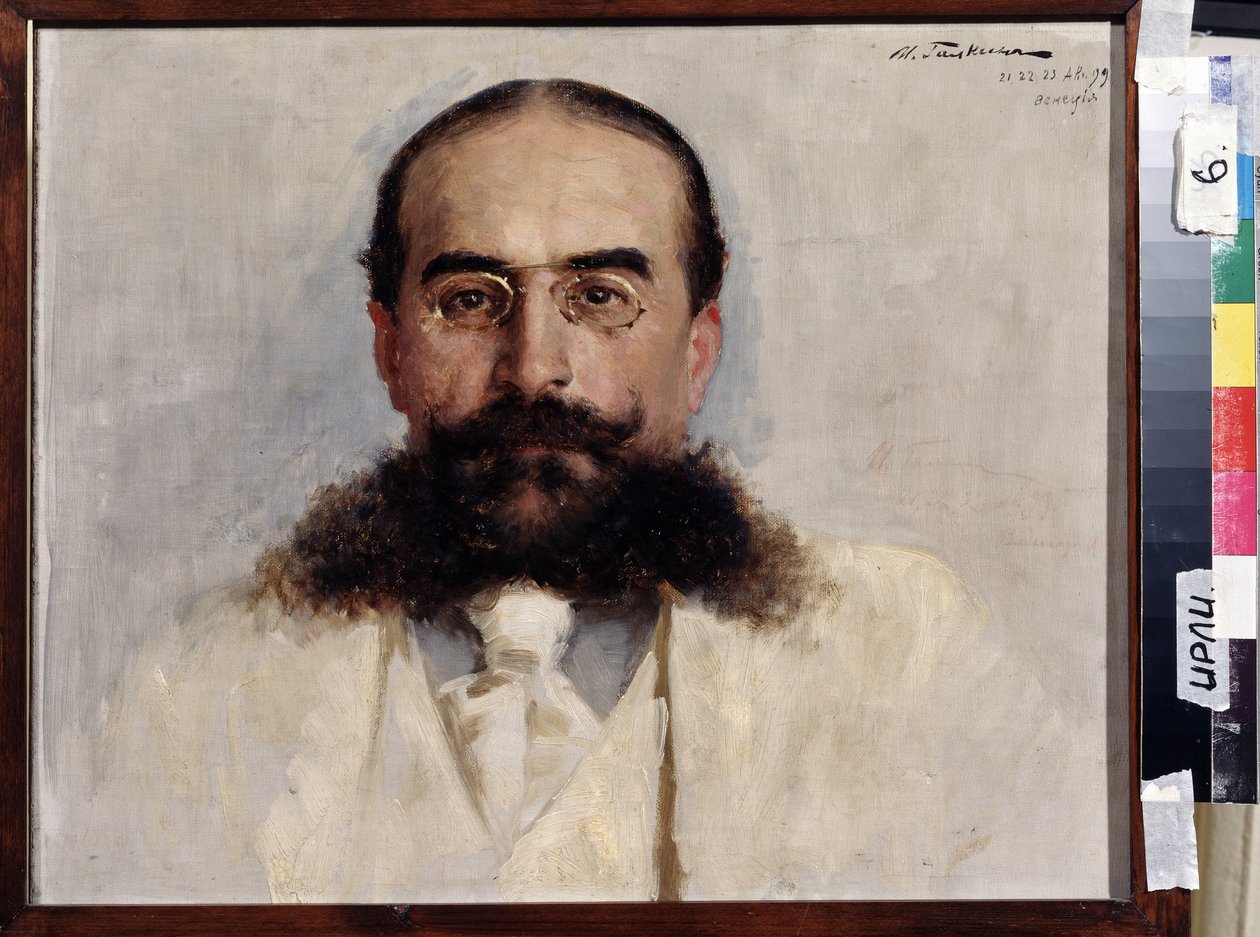 Portrett av forfatteren, pedagogen og dramatikeren Vladimir Nemirovich Dachenko (1858-1943) (Portrett av forfatteren, pedagogen og dramatikeren Vladimir I. Nemirovich-Danchenko). Maleri av Ilya Savvich Galkin (1860-1915), olje på lerret av Ilya Savich Galkin