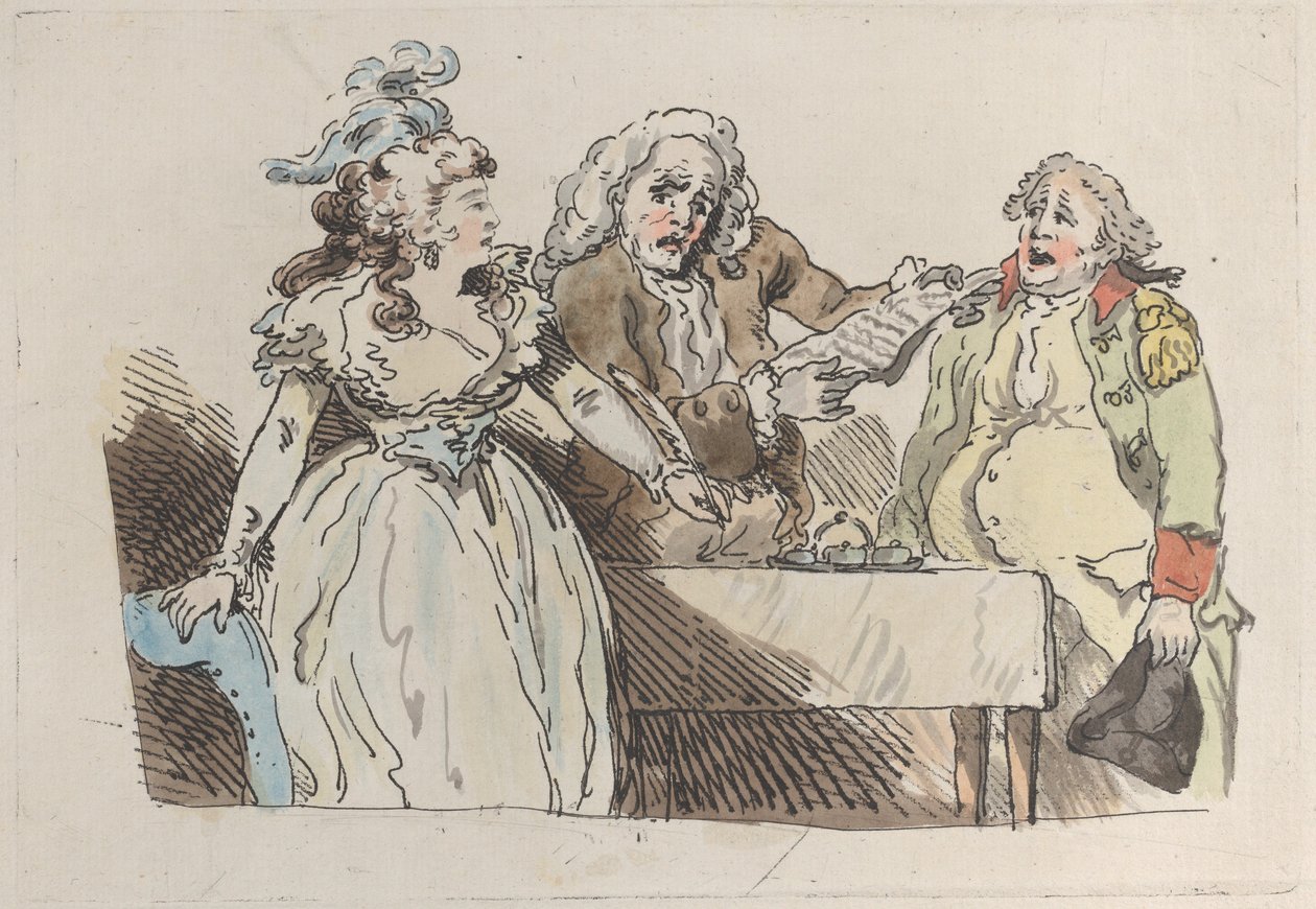 En ung kvinnearving forbereder seg på å signere et dokument, 1780-1800., 1780-1800. av Imitator of Thomas Rowlandson.