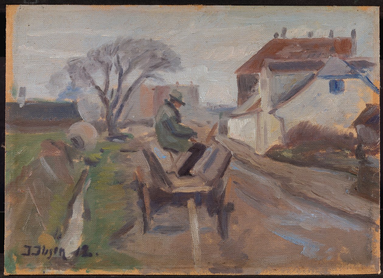 Maleren Ølund Hansen sitter i et vognmaleri av Immanuel Ibsen