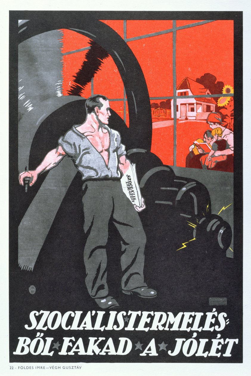 Velvære er produktet av sosialistisk produksjon, plakat av den ungarske kommunistrevolusjonen, 1919 av Imre Foeldes