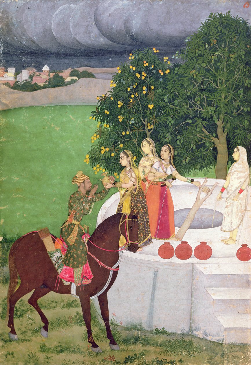 En prins som tigger vann fra kvinner ved en brønn, Mughal, ca. 1720 av Indian School