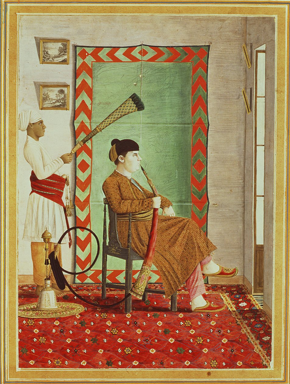 Et portrett av en europeisk herre i indisk kjole som sitter foran et åpent vindu og røyker vannpipe, Lucknow, Company School av Indian School