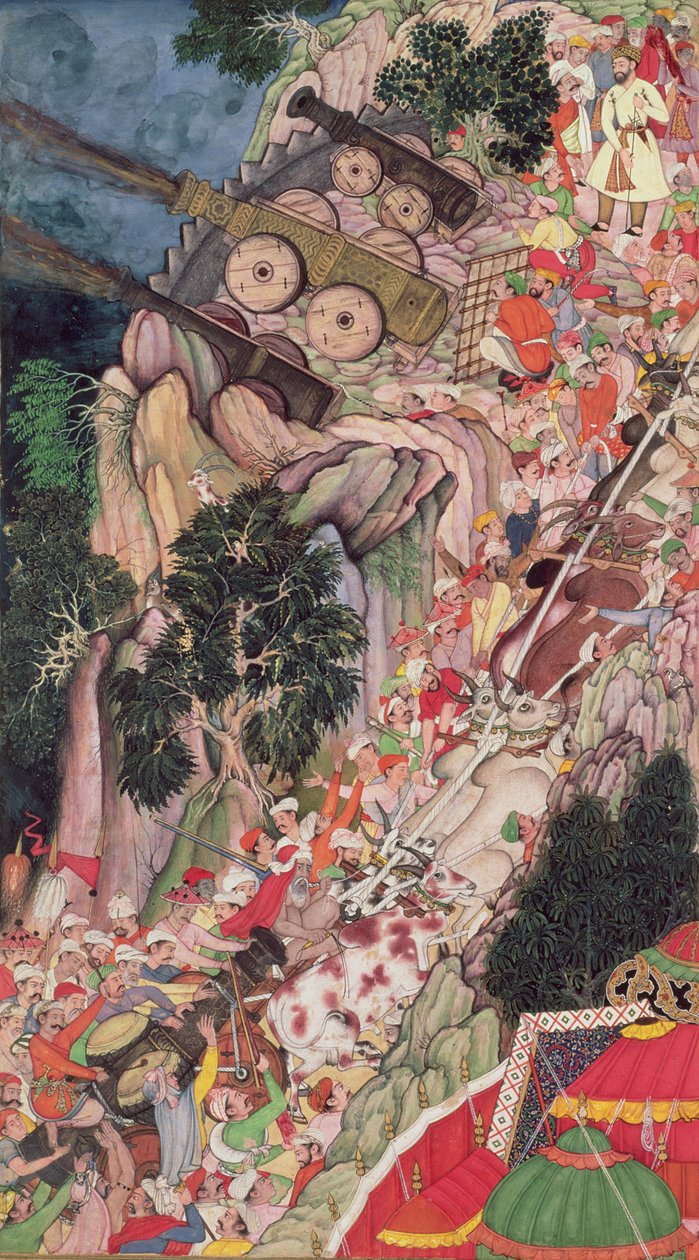 Okser som drar beleiringsvåpen oppover under et angrep på Ranthambhor Fort, fra Akbarnama, Mughal, ca. 1590-95 (ugjennomsiktig wc og gull på papir) av Indian School