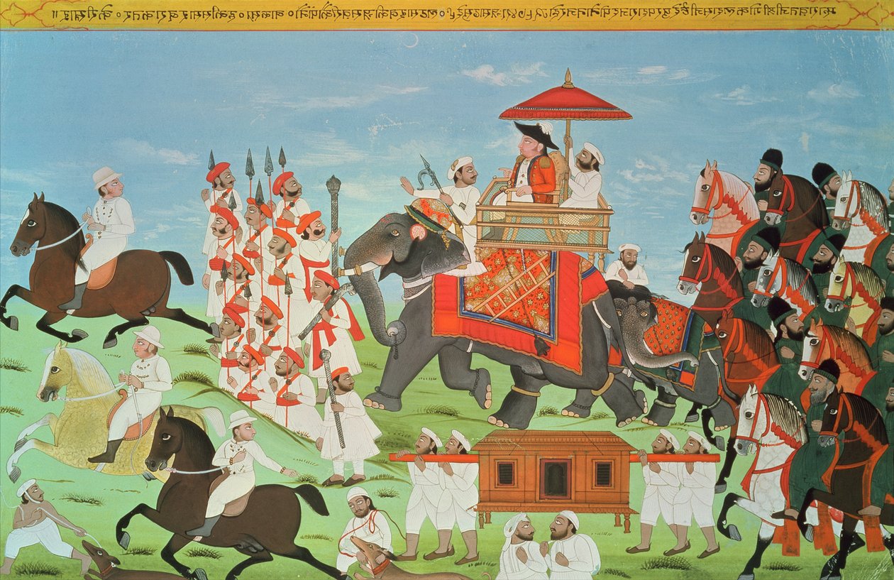 Oberst James Tod reiser med elefant gjennom Rajasthan med kavaleriet og Sepoys (gouache) (se også 82777) av Indian School