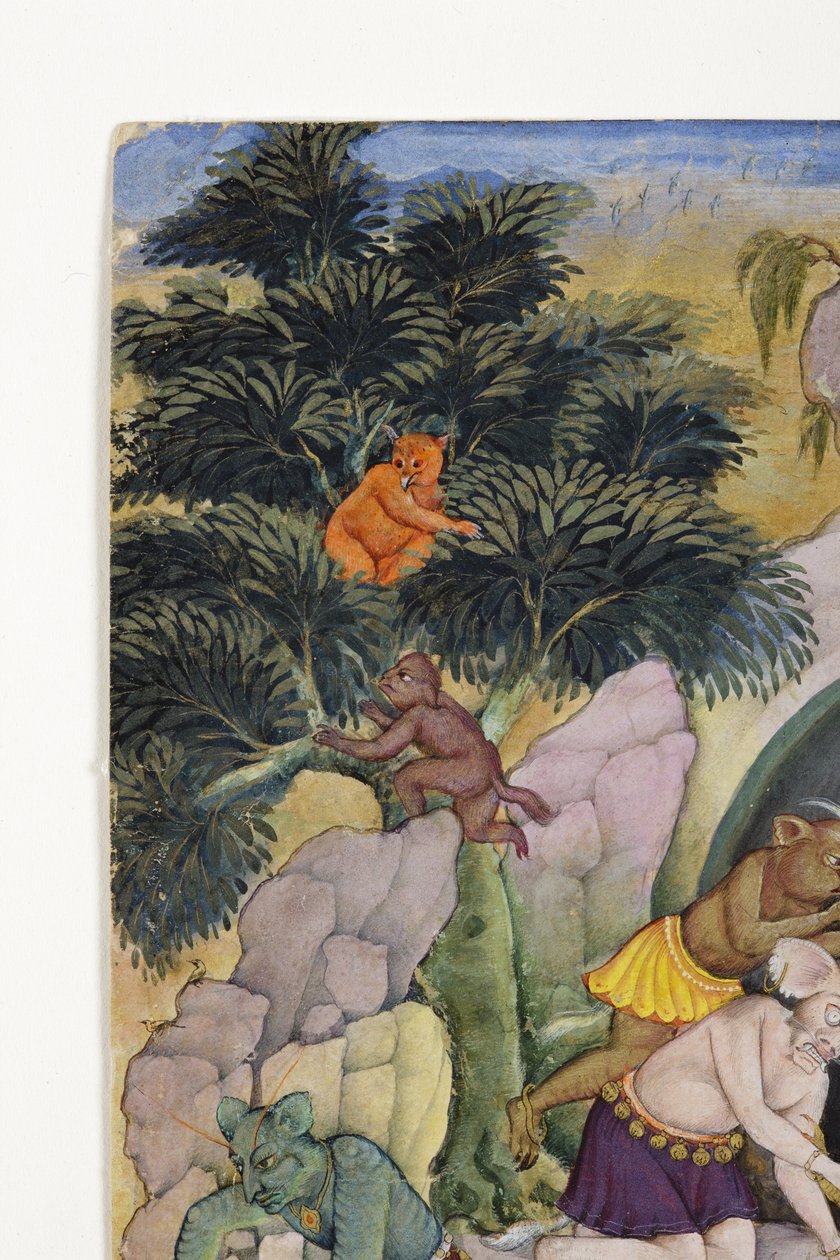 Detalj fra Demons in a Wild Landscape, ca. 1600 (ugjennomsiktig wc og gull på papir) av Indian School
