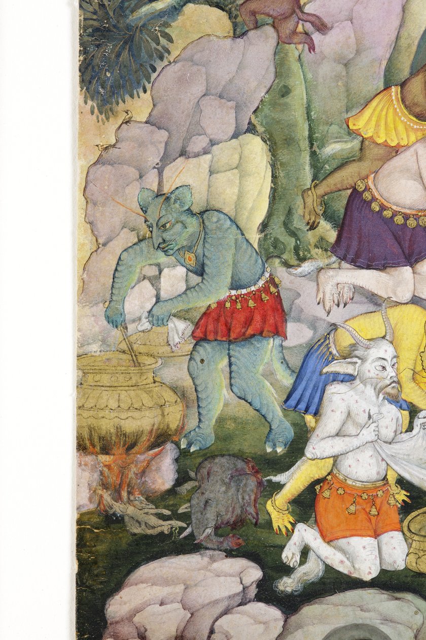 Detalj fra Demons in a Wild Landscape, ca. 1600 (ugjennomsiktig wc og gull på papir) av Indian School