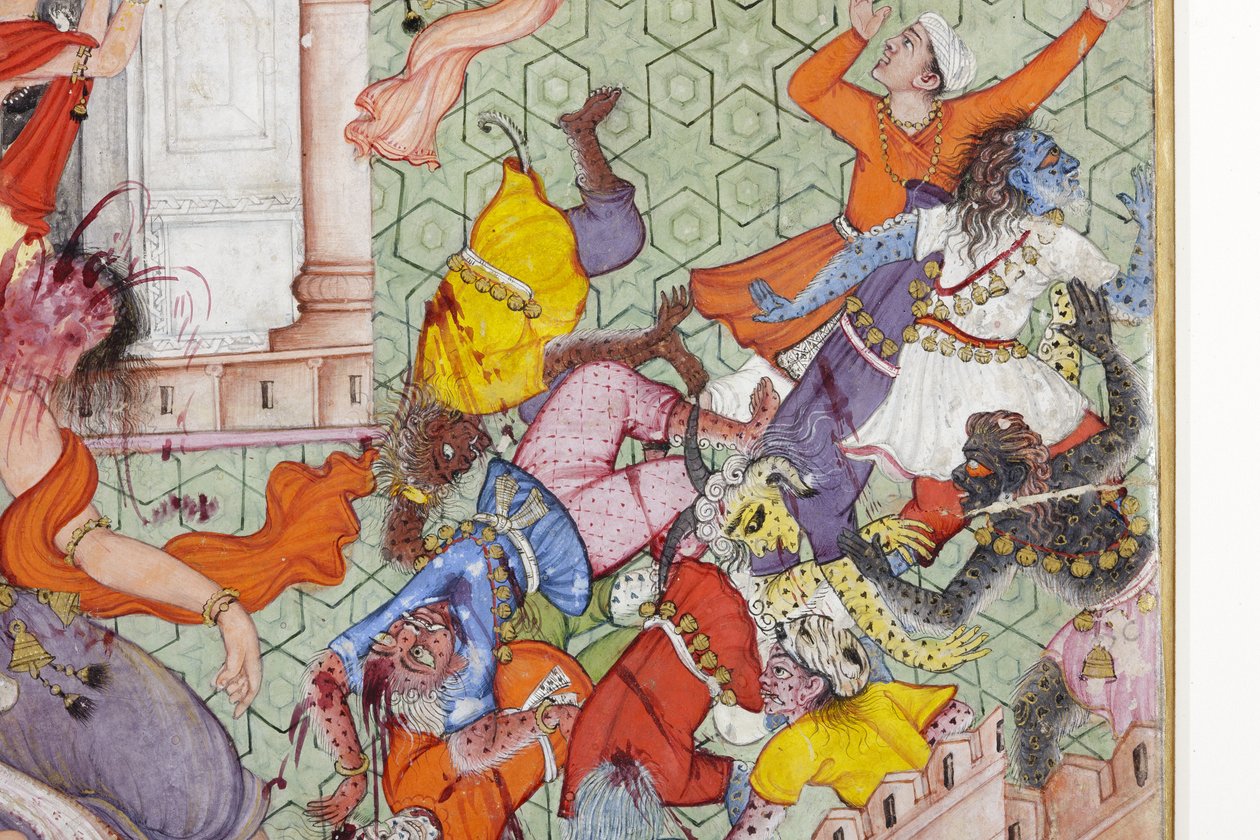 Detalj fra Krishna Cleaves the Demon Narakasura med diskosen sin, ca. 1585-90 (ugjennomsiktig wc og gull på papir) av Indian School