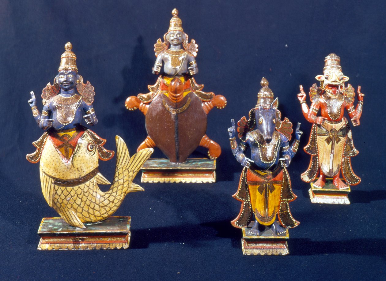 Fire av inkarnasjonene til Vishnu (malt tre) av Indian School