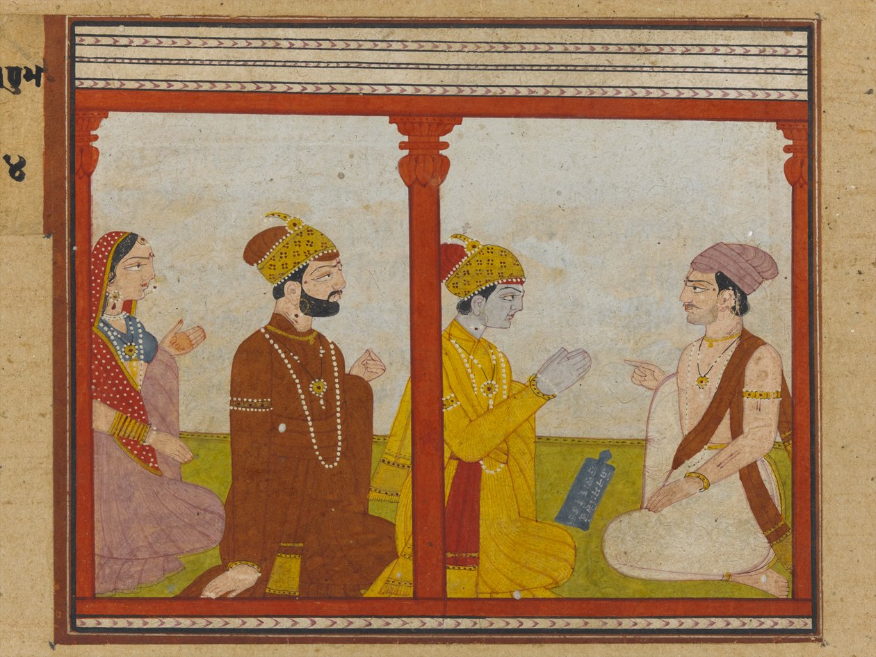 Illustrasjon fra en Madhu-Malati-serie, ca. 1799 (ugjennomsiktig wc og gull på papir) av Indian School