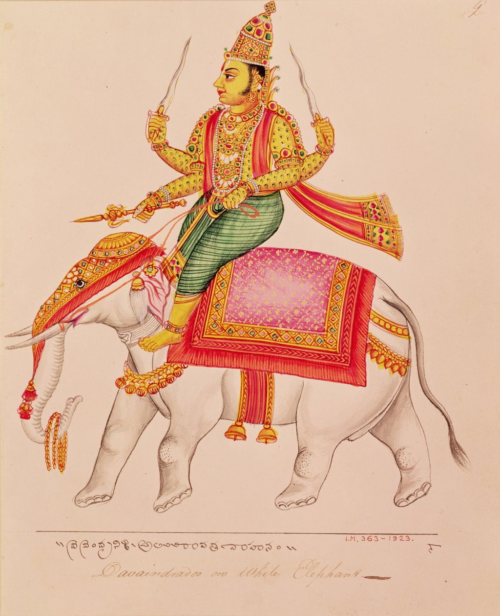 Indra, stormens gud, rir på en elefant, 1820-25 av Indian School