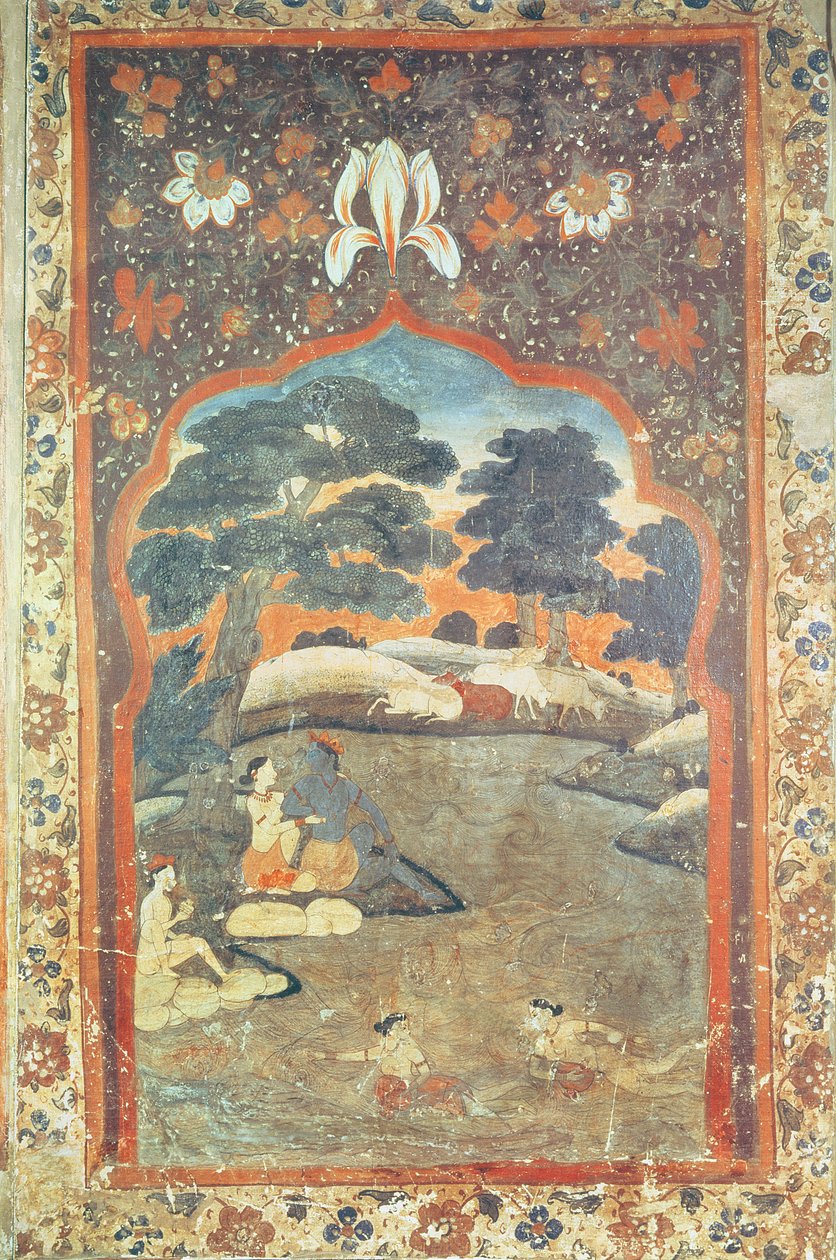 Krishna og Radha Beside a River, Pahari School av Indian School