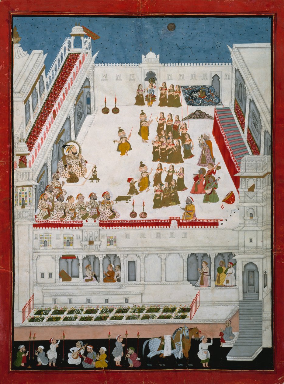 Maharana Jagat Singh II and Nobles Watching the Raslila Dance Dramas, ca. 1736-40 (ugjennomsiktig wc og gull på papir) av Indian School