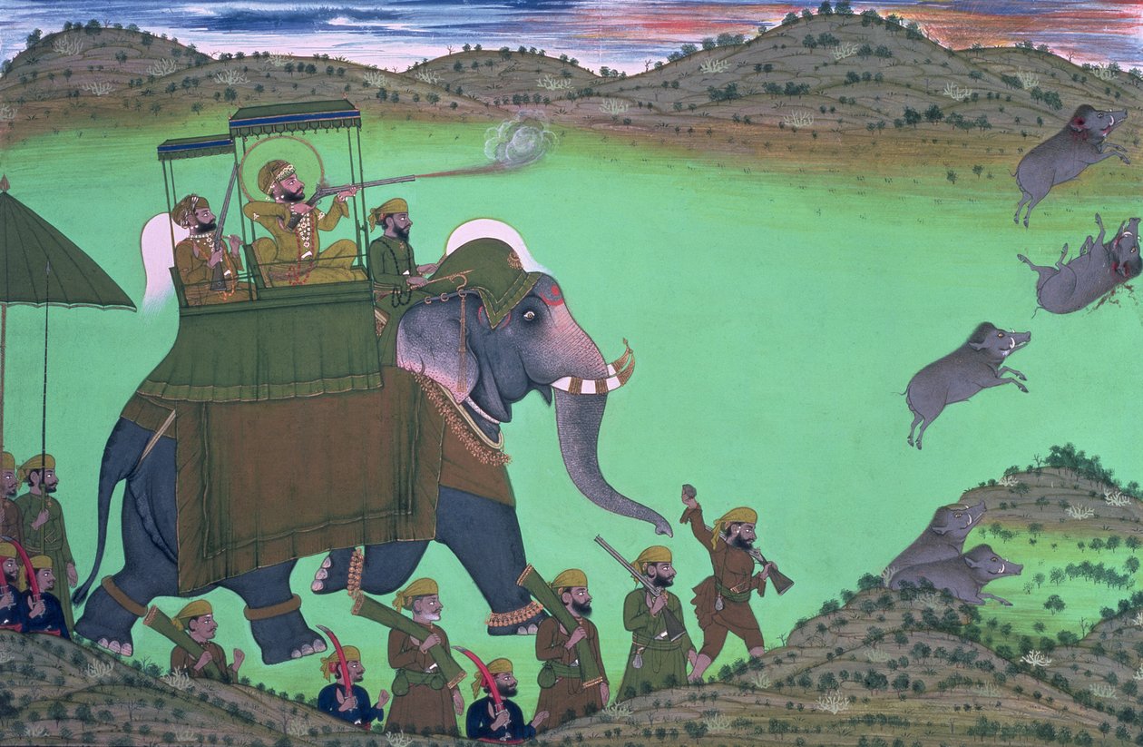 Maharana Sarup Singh fra Udaipur skyter villsvin fra Elephant-Back, Rajasthan, 1855. av Indian School