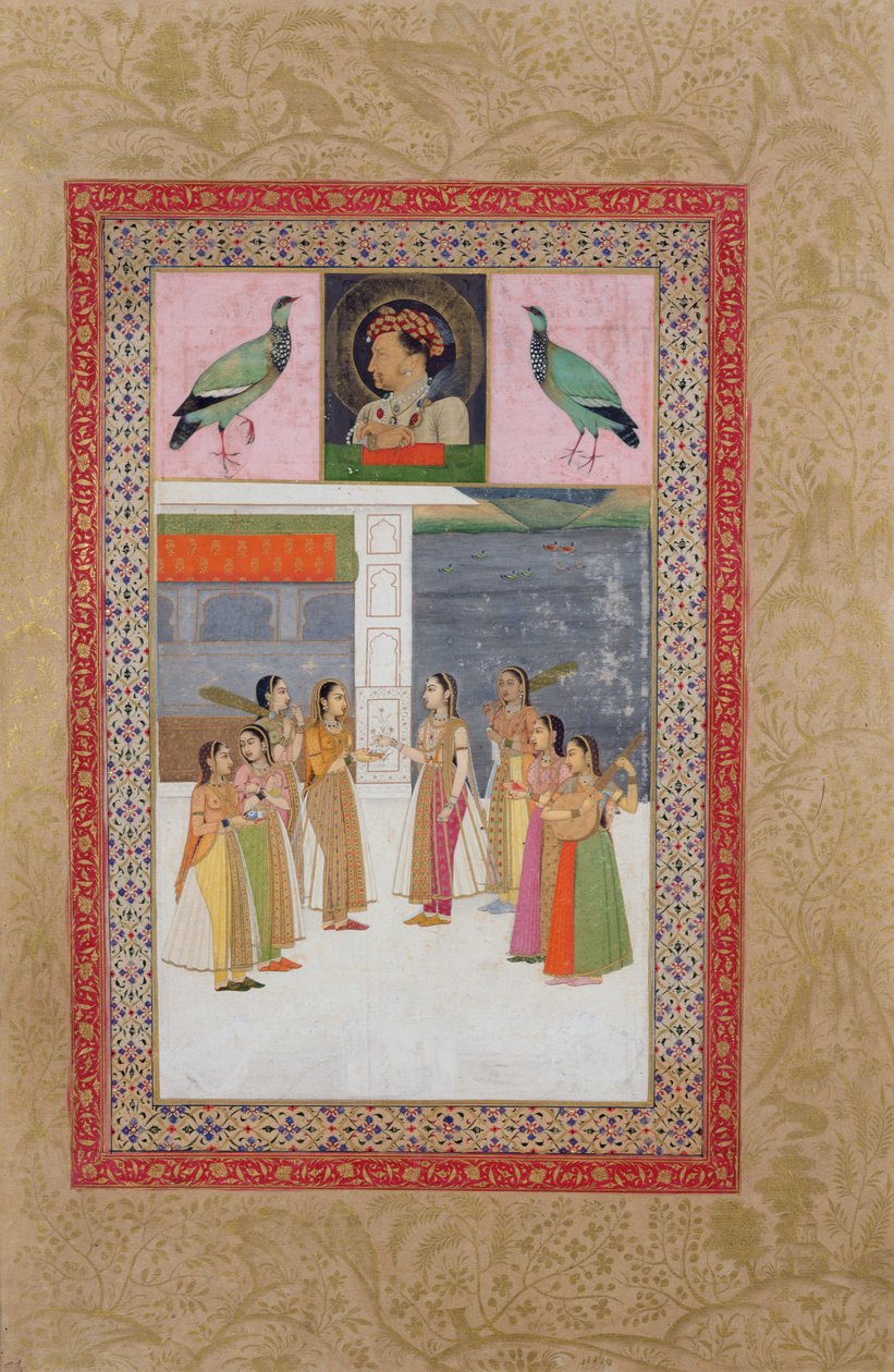 Fru E-14 Portrait of Djahangir (1569-1627) to fugler og adelige kvinner i samtale av Indian School
