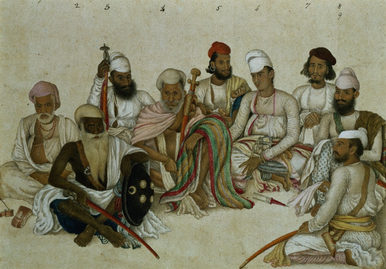 Ni hoffmenn og tjenere i Raja Patiala, ca. 1817 (blyant og gouache på papir) av Indian School