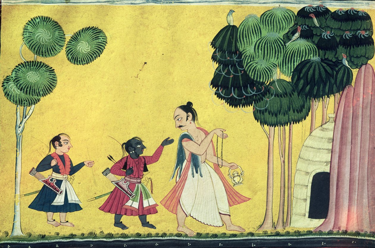 Rama og Lakshmana akkompagnert av Visvamitra, fra Ramayana, ca. 1750 av Indian School