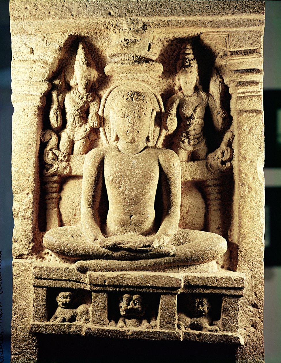 Relieff som viser Tirthankara Mahavira (599-527 f.Kr.) i meditasjon, fra Danavulapadu av Indian School