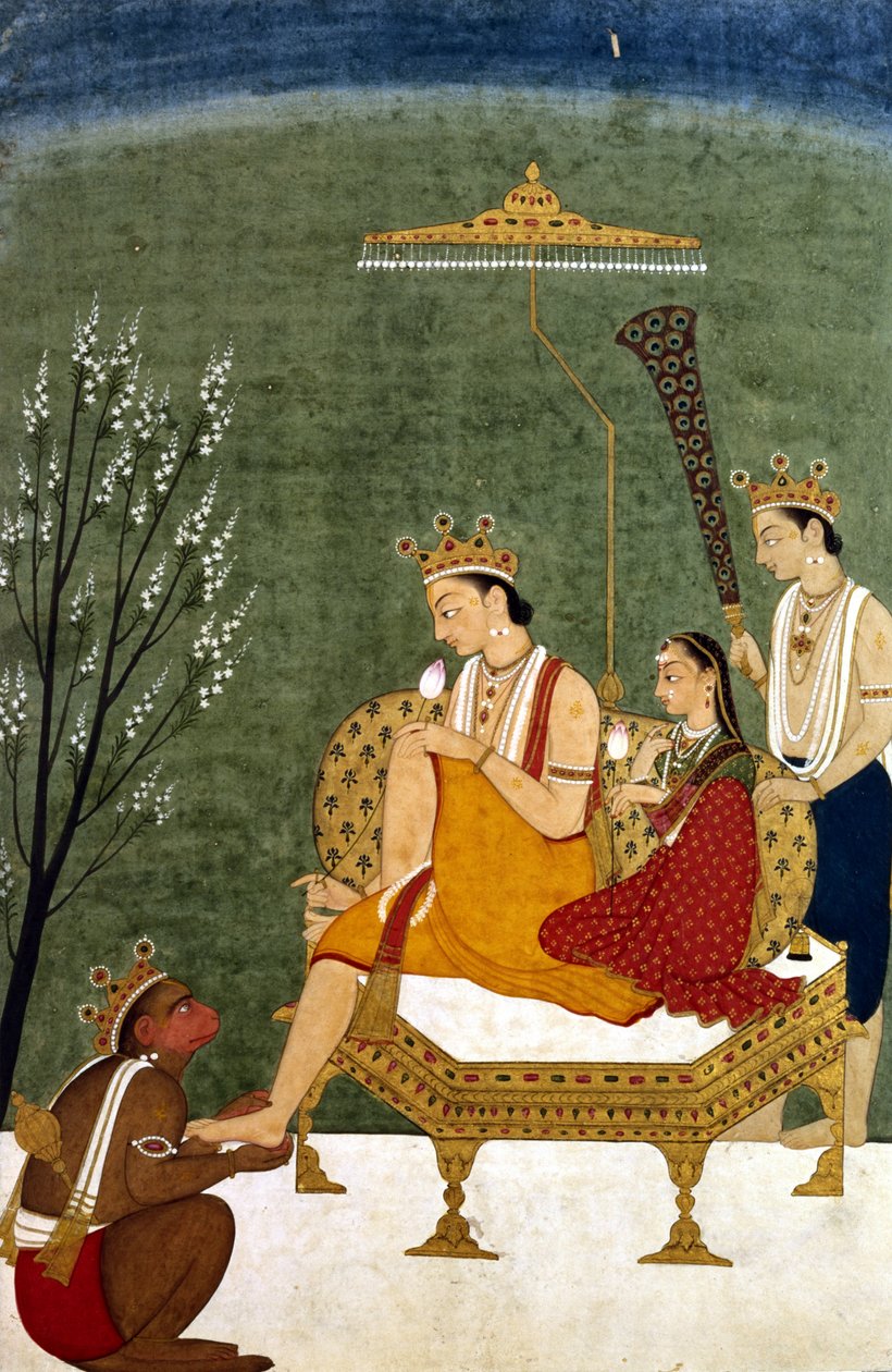 Syvende inkarnasjon av Vishnu som Rama-Chandra: Rama og Sita Reunited (maling på papir) av Indian School