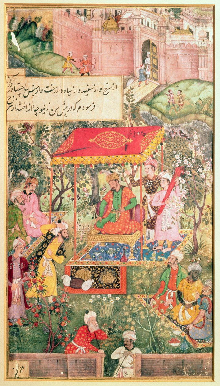 Mogul-keiseren Babur mottar utsendingene Uzbeg og Rauput i hagen ved Agra den 18. desember 1528, keiseren sitter på en trone under en baldakin; festningsverkene til Agra er i bakgrunnen, av Indian School