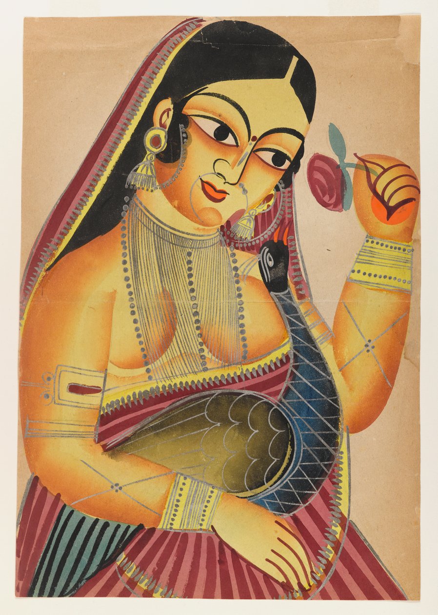 Gudinnen Lakshmi med en rose og en påfugl, slutten av 1800-begynnelsen av 1900-tallet (wc på papir med polerte tinnaksenter) av Indian School