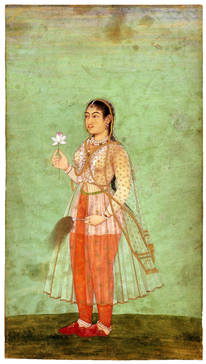 En dame med blomster- og fluevisp, ca. 1630 av Indian Art