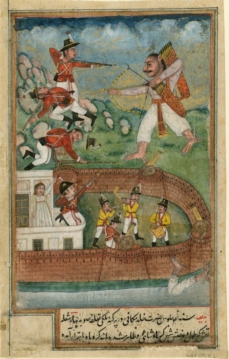 Indiske demoner angriper fort forsvart av europeiske tropper, ca. 1790 av Indian Art