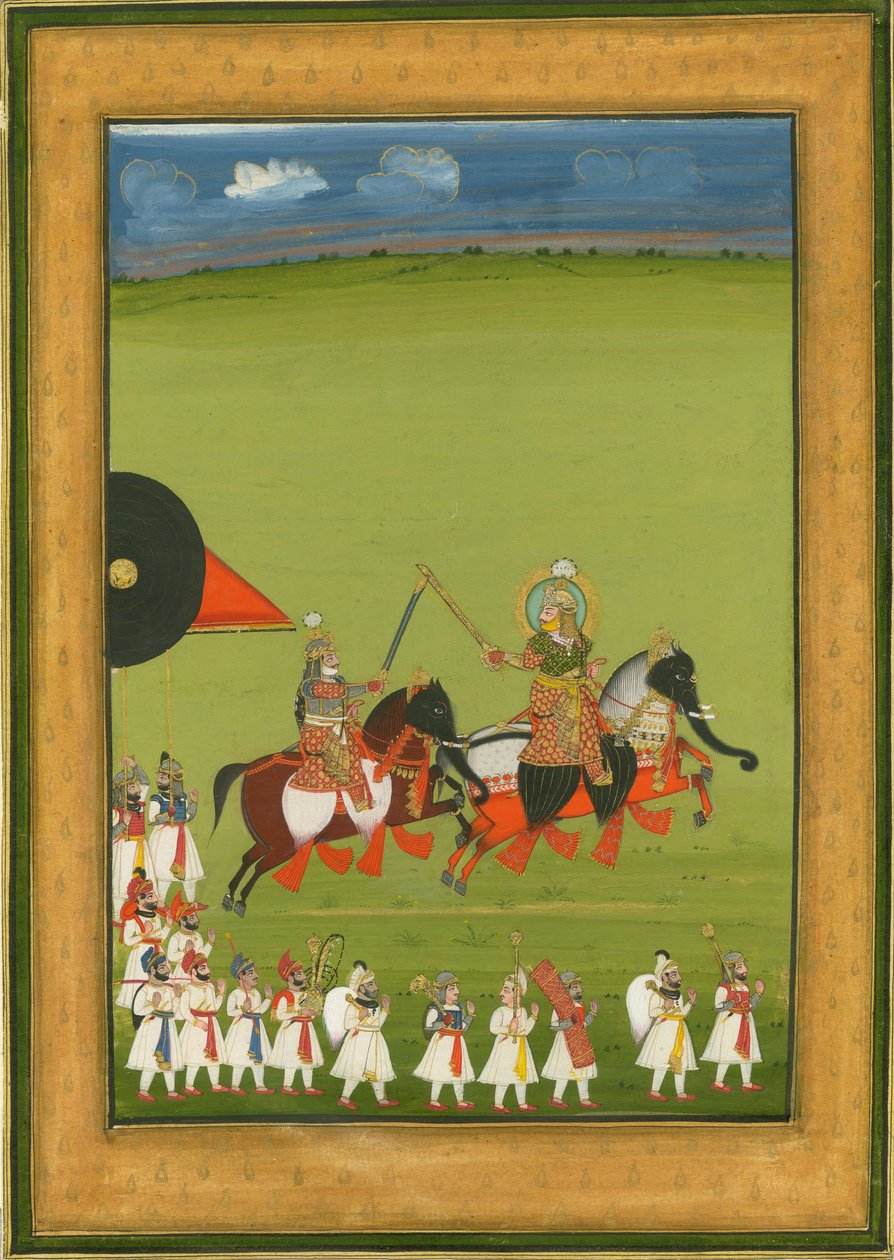 Rajah og sønn på hester forkledd som elefanter, og suite av ledsagere, ca. 1810 av Indian Art