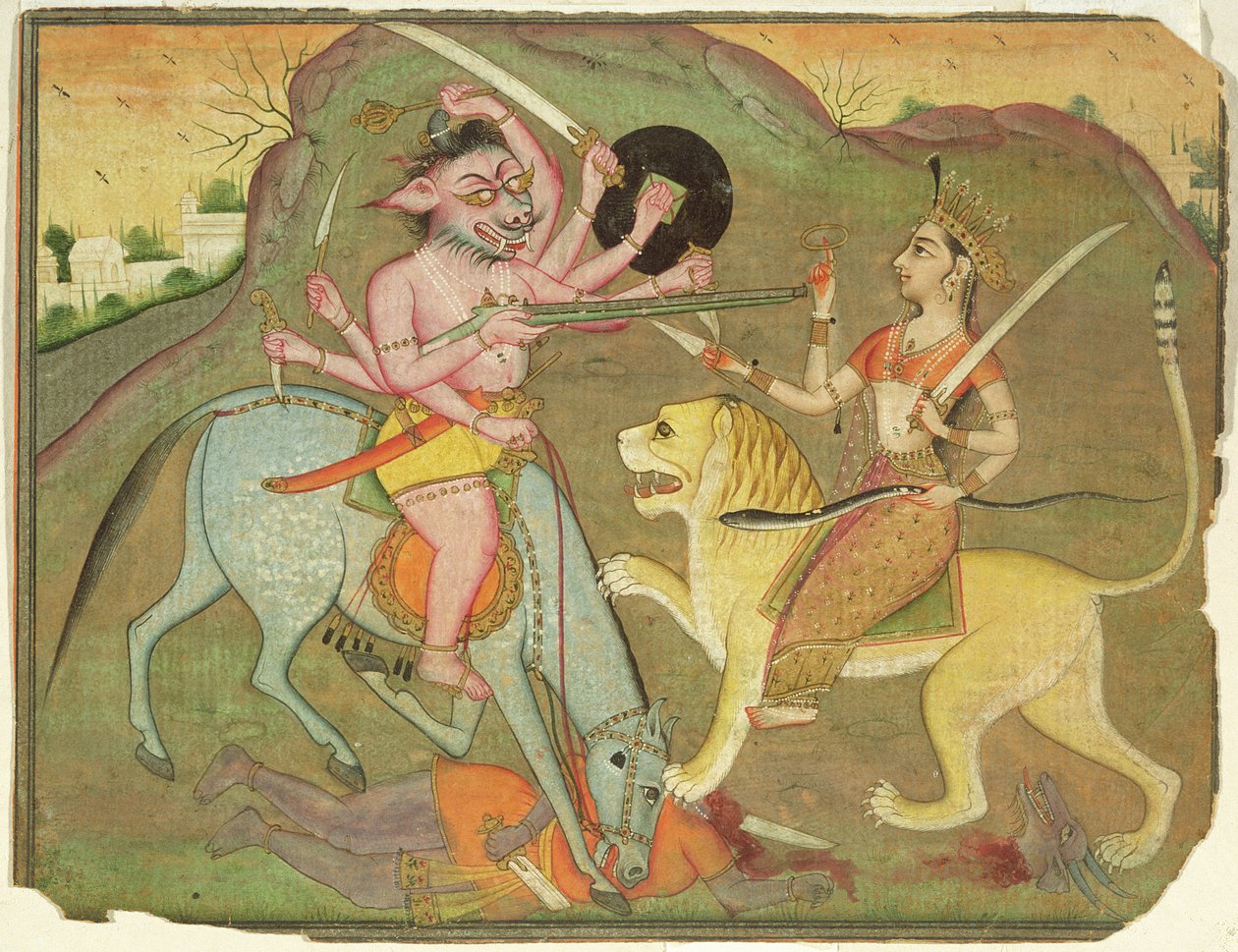 47.110/174 Durga i kamp med Mahishasura, fra Folioen til 