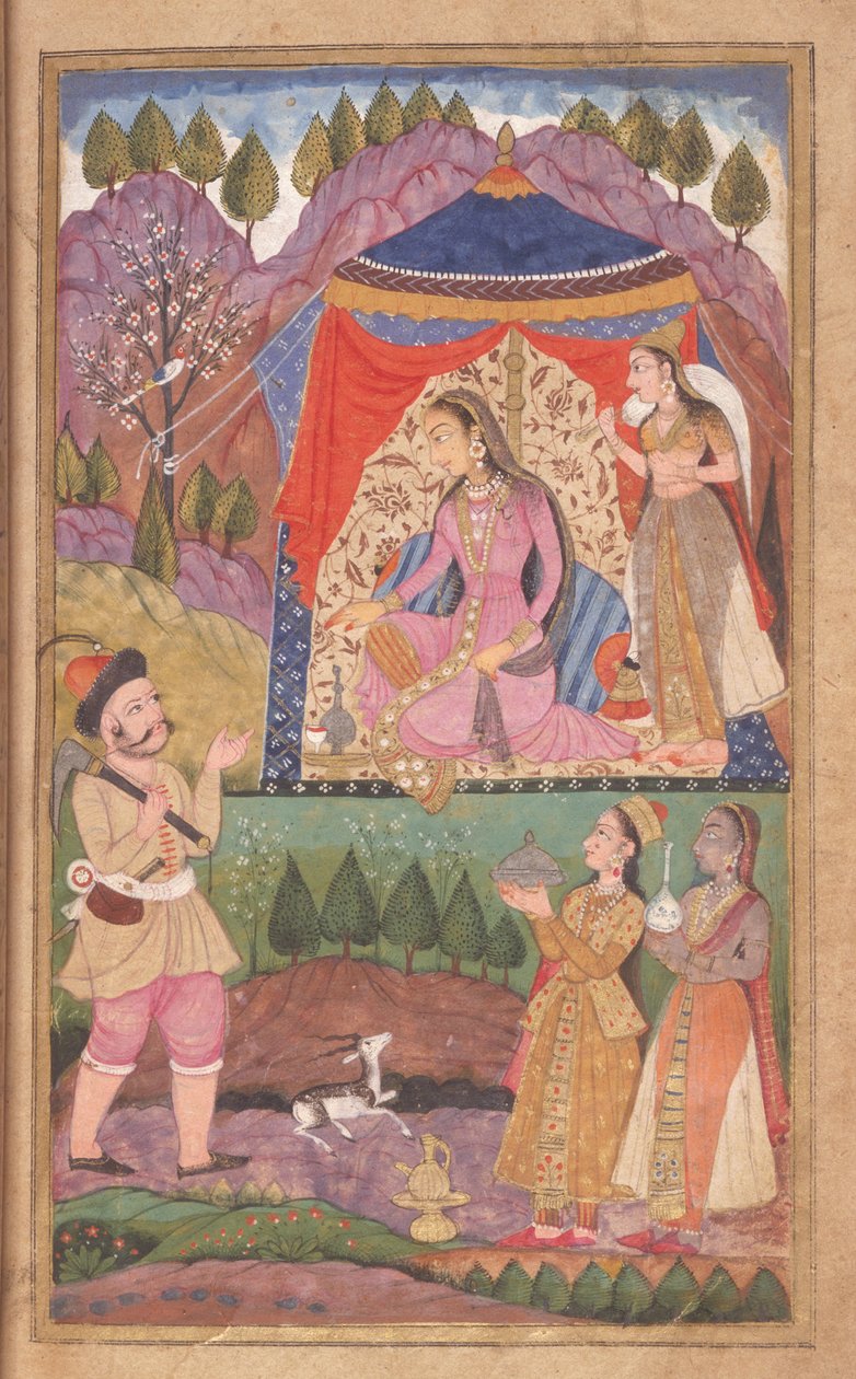 48,62 folio 138 Farhad forteller om sine eventyr til prinsesse Shirin, fra Khusrau og Shirin, Deccani School, 1722 av Indian School