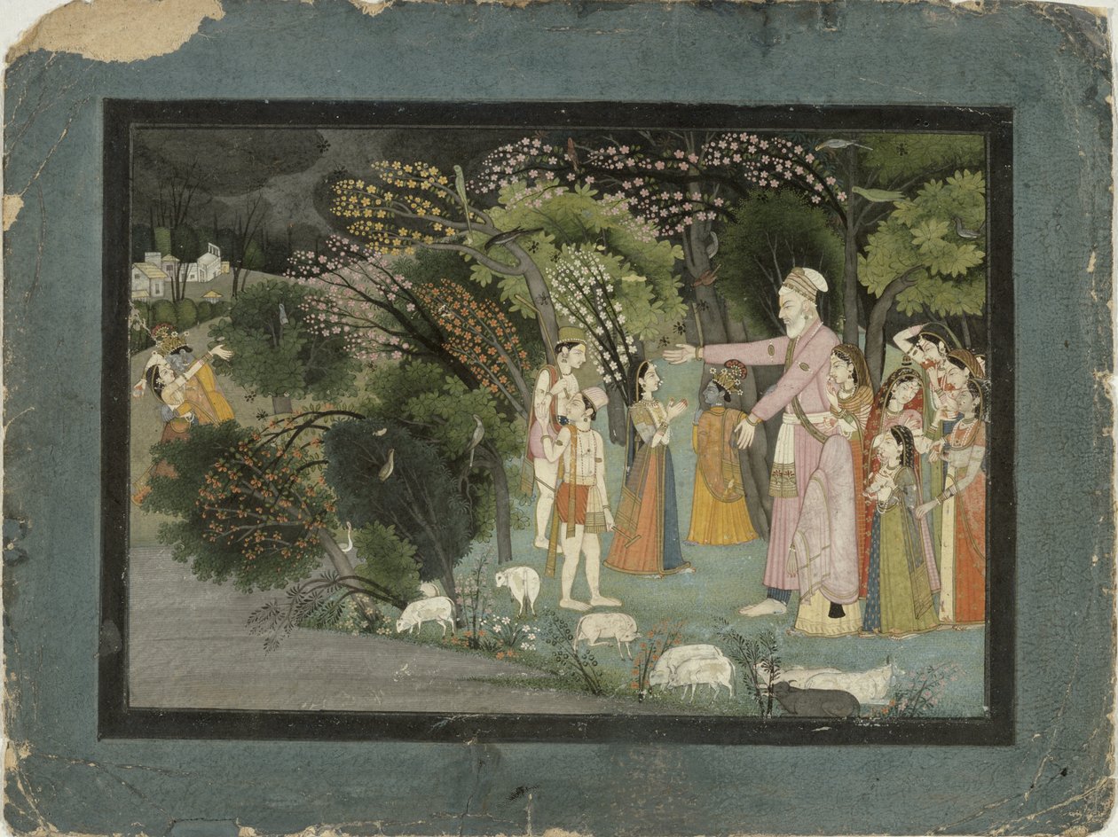 51.20728 Nanda ber Radha om å eskortere Krishna hjem, fra Gita Govinda, Garhwal, Pahari School, 1790 av Indian School