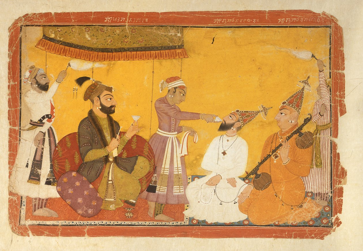 ]7.110359 Gosain Narayan tar gift i nærvær av keiser Jahangir, Nurpur, Pahari School, 1725 av Indian School